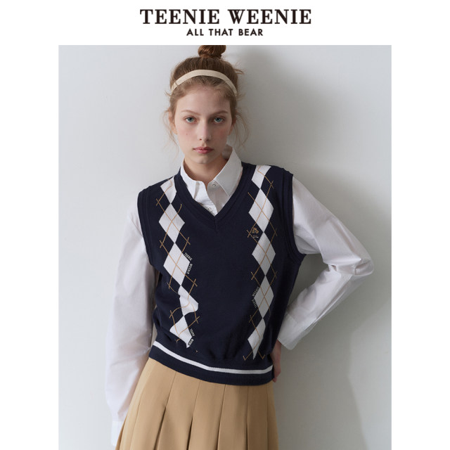 TeenieWeenie Bear Outlet Women's 2024 Spring New College Style Diamond V-neck Knitted Vest