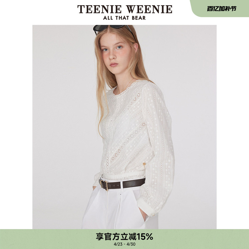 Teenieweenie Bear White Shirt Summer French Doll Shirt Round Neck Lace Top for Women