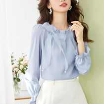 Bow chiffon shirt womens long-sleeved shirt 2024 spring new design shirt versatile western style beautiful top