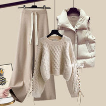 Plus size womens autumn and winter suit 2024 new knitted sweater womens versatile vest slimming casual pants three-piece set