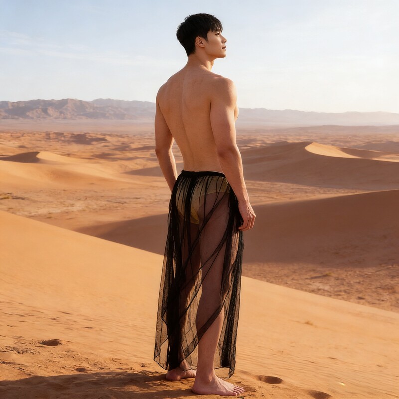 Men's Sexy Mesh See-Through Long Dress, Summer Ultra-Thin Loose Lace-Up Nightgown, Black Slit Beach Transparent Fashion