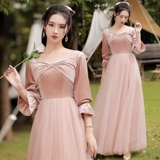 Розовое бархатное платье подружки невесты, демисезонное вечернее платье, длинная юбка, коллекция 2021