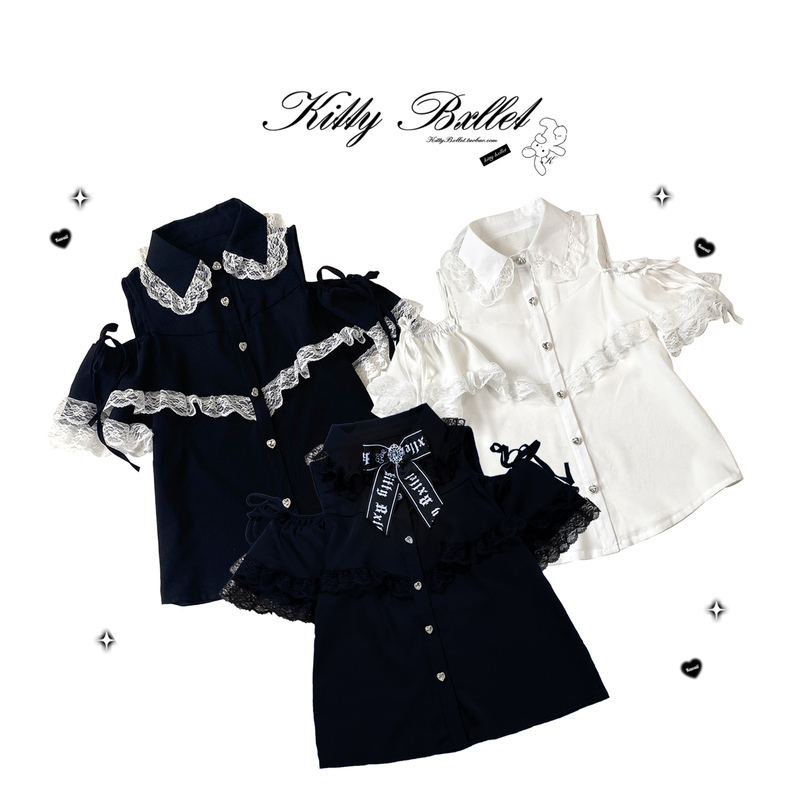 Kittybxllet Original【Heart Gemstone Ribbon】Lace-Trimmed Off-Shoulder Lace-Up Shirt