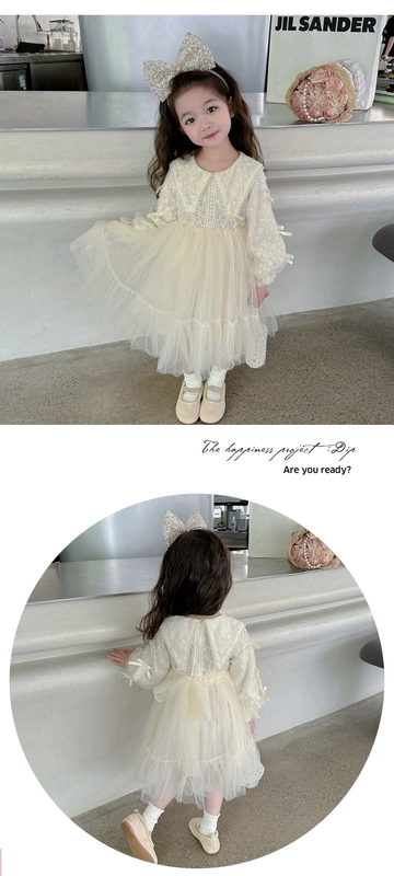 Váy dài tay bé gái xuân thu mới quần áo trẻ em quần áo mùa thu váy công chúa ngọc trai cho bé gái thời trang