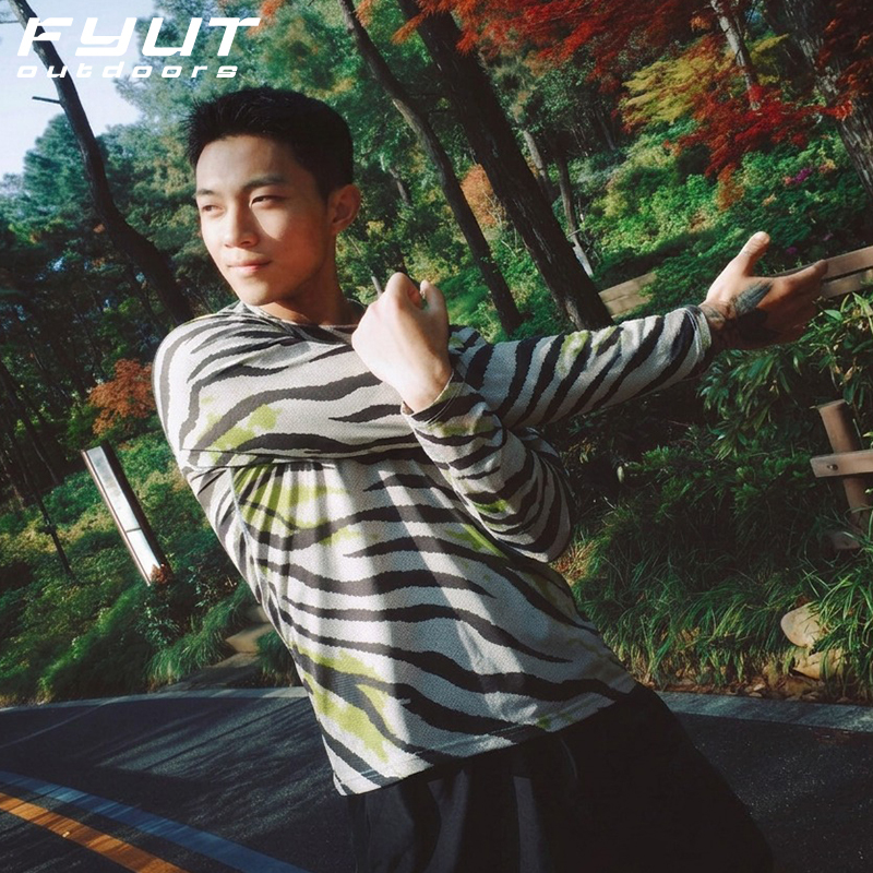 Fyut Outdoor Sports Lightweight Breathable Checkered Sports Cover-Up Printed Sports Running Long-Sleeved T-Shirt Quick-Drying Top