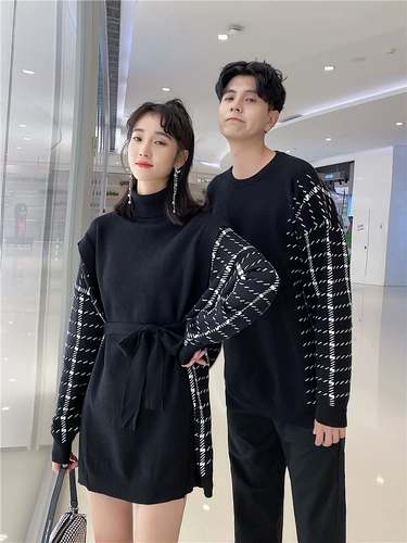 Осенняя демисезонная парная одежда для влюбленных, трикотажный свитер, платье, юбка, французский стиль, в корейском стиле