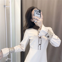 2021 new early autumn French retro slim slim waist temperament Korean version long-sleeved a-line dress womens long section
