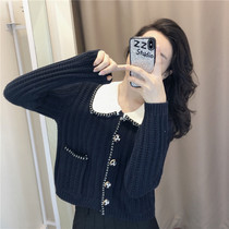 Doll collar sweater jacket women wear cec sweater super fire lazy wind short knitted top in autumn and winter of 2021