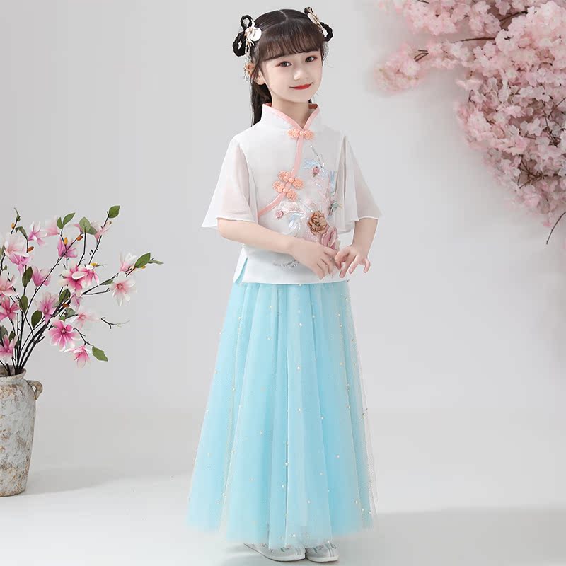 ngắn tay mùa hè váy phong cách Trung Quốc siêu cổ tích Girls ăn mặc cổ phong cách váy công chúa Tang chiếc váy mùa hè mỏng.