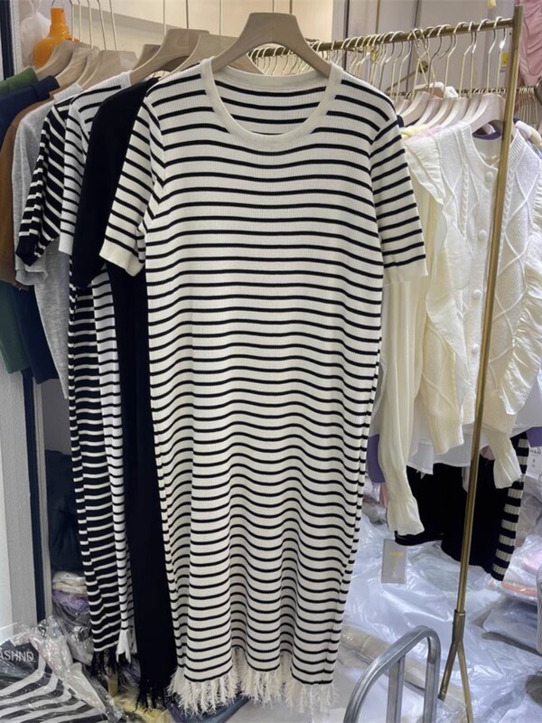 Plus Size 150kg Mid-Length Tassel Dress for Women, Stylish Maternity Ice Silk Knitted Striped Dress Plus Size 150kg Mid-Length Tassel Dress for Women, Stylish Maternity Ice Silk Knitted Striped Dress