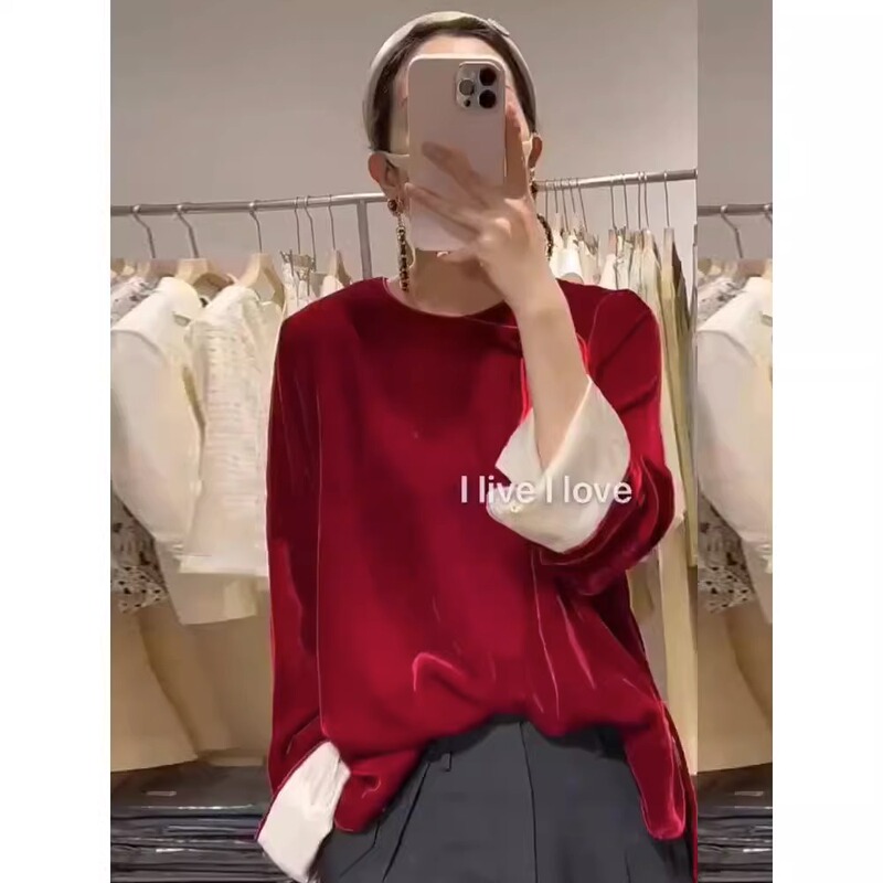 Extra Large Size 150kg European Chic Red Christmas Round-Neck Top for Plus-Size Women, Heavy Velvet Long-Sleeve for Spring and Autumn 2