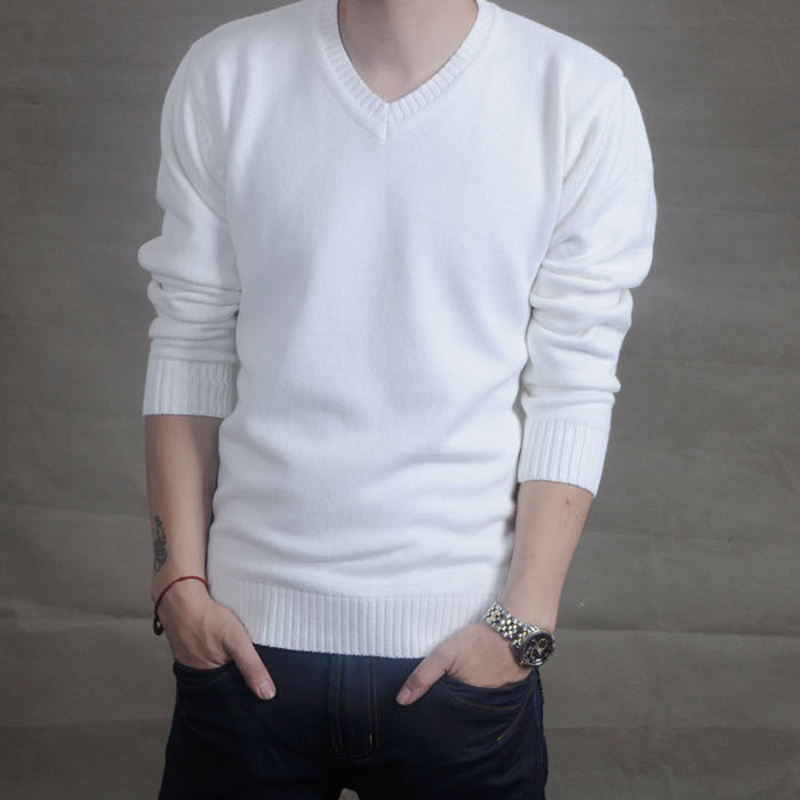 Weilun Jones Spring New Men's Knit Sweater V-Neck Thin Plus Size Solid Color Base Shirt White