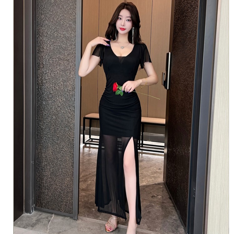 Socialite Style, Sexy, Makes You Look Taller and Slimmer, Mesh Backless High-Slit Dress, Nightclub Long Dress, Nightclub Work Uniform Socialite Style, Sexy, Makes You Look Taller and Slimmer, Mesh Backless High-Slit Dress, Nightclub Long Dress, Nightclub Work Uniform