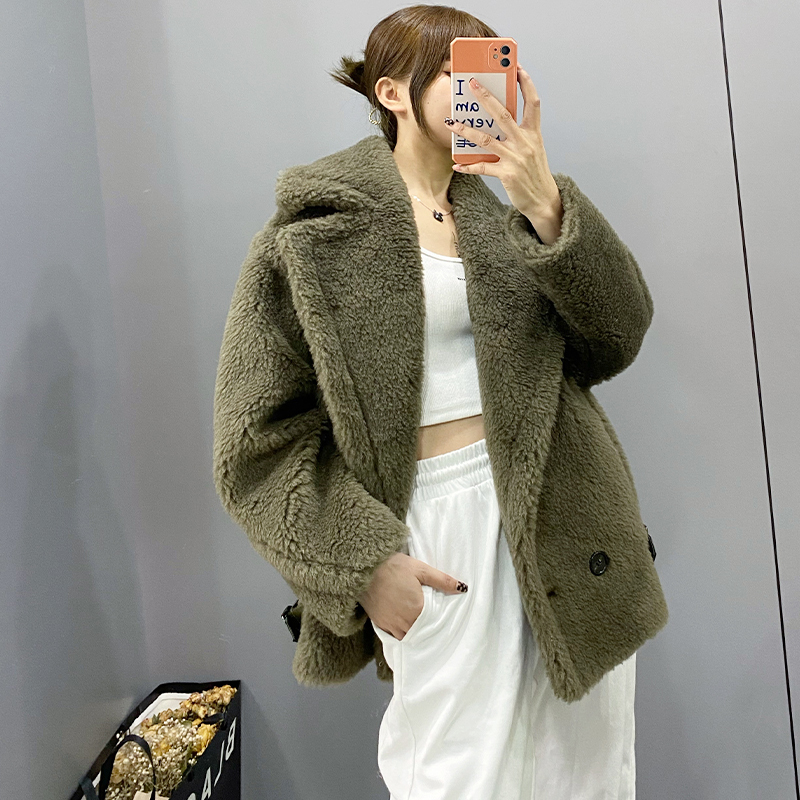 M Brand Alpaca Teddy Bear Short Jacket Motorcycle Jacket Coat for Women 2024 Winter New Lamb Fur Max