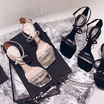  Very sexy high-heeled sandals womens mid-heel patent leather rhinestone one-word belt open-toe fashion sandals new thick-heeled Roman shoes