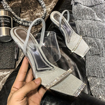 Net Red Silver Sexy water drill High heel Shoe Girls fine heel square head transparent with fairy Wind Toes Fashion Sandals