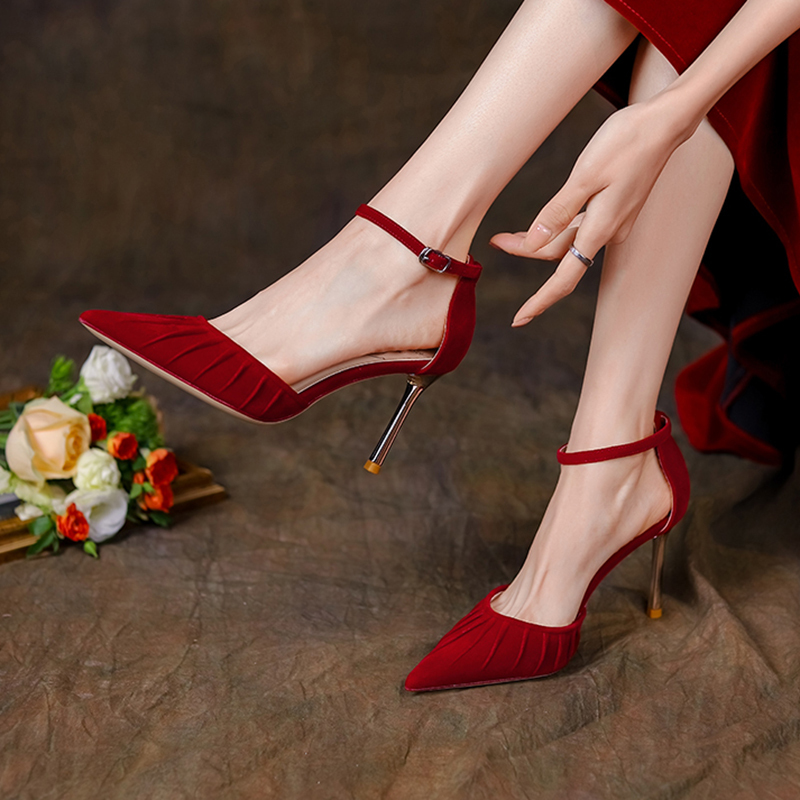 Unique Pleated Wedding Shoes, Comfortable High Heels, Red Bridal Shoes, Ankle Strap Hollow Sandals