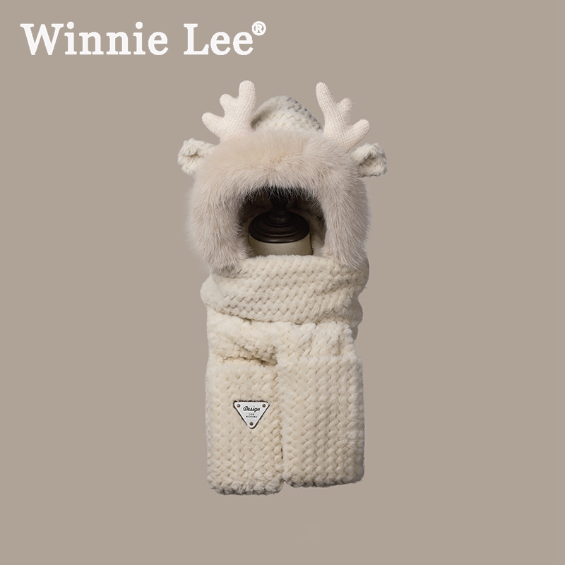 Winnie Lee Japanese designer's joint section cute deer corner plush hat scarf with three sets of winter warmth-Taobao
