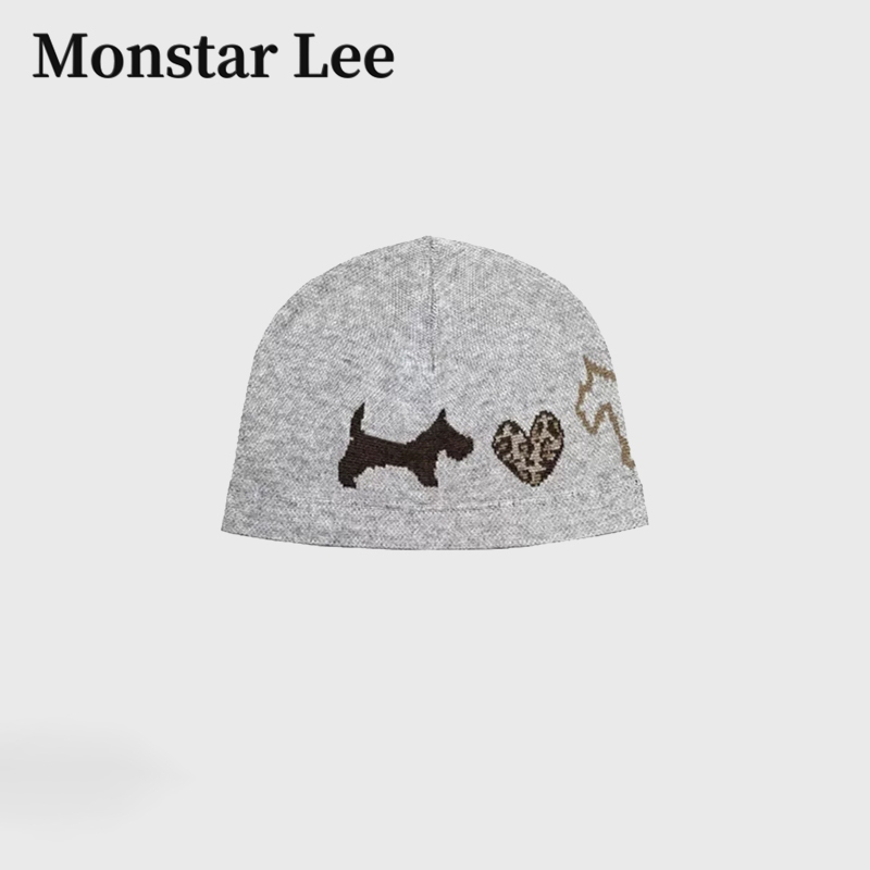 Monstar Lee Japanese Designer Collaboration Cute Leopard Print Puppy Hat Jacquard Knit Warm Beanie