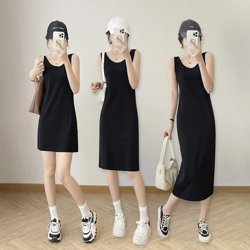 Spring and Summer Black Mid-Length Suspender Dress, High-End Tank Dress, Slimming, Waist-Cinching, Flesh-Covering Sleeveless Dress
