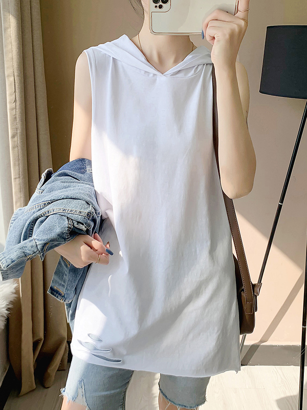 2026 Summer Sleeveless T-Shirt for Women, Pure Cotton, Distressed Mid-Length White Hooded Vest, Loose Fit, Plus Size, Trendy Base Shirt