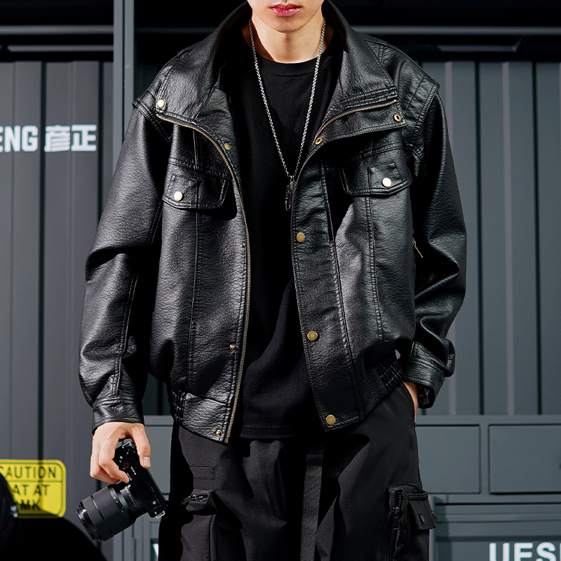 Autumn New Vintage Style Cool Motorcycle Leather Jacket for Men, Short High-End Pilot Trendy Jacket