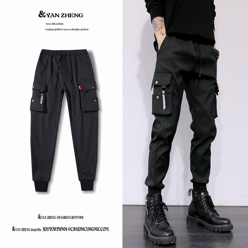 Yanzheng Autumn New Functional Work Pants for Men, Loose Fit, Versatile Jogger Pants with Multiple Pockets, Trendy Black Casual Pants