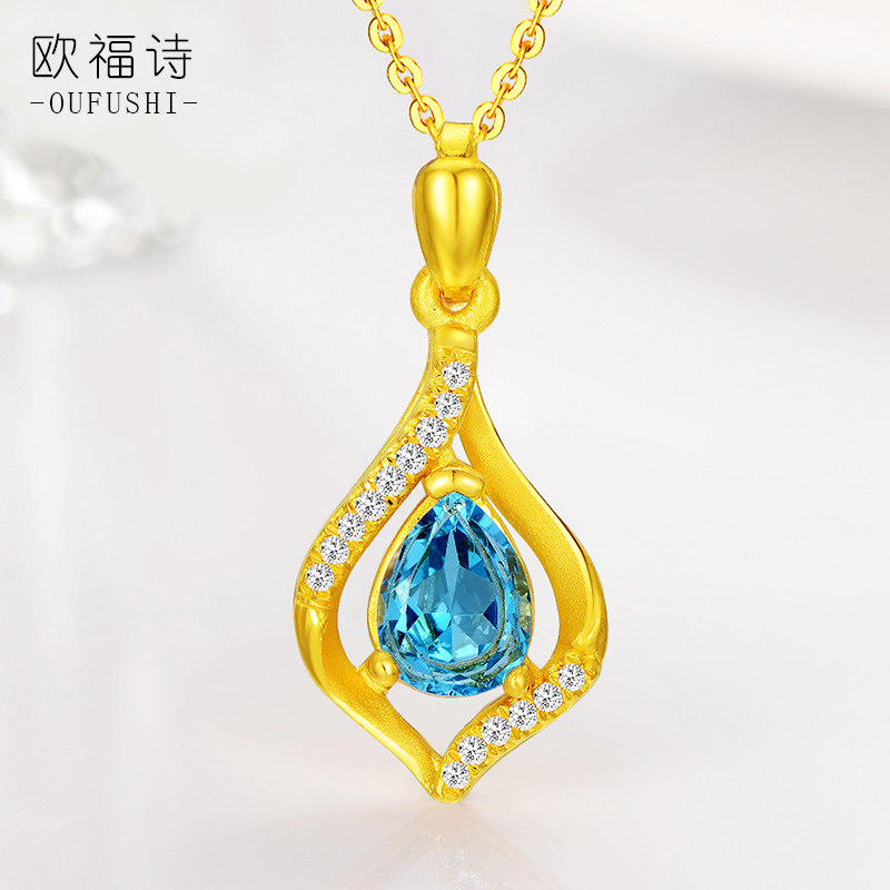 999 gold necklace female 24K pure gold topaz pendant natural trendy sapphire birthday gift for girlfriend