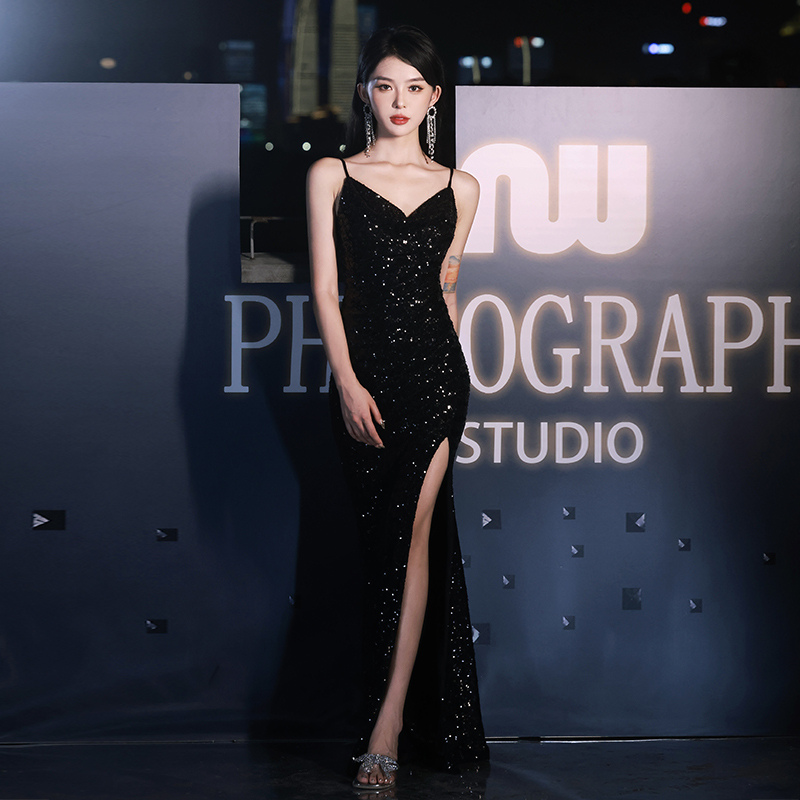 Black Evening Dress for Women 2026 New Style Light Luxury Niche High-End Elegant Fishtail Slit Long Dress Hostess Sophisticated Feel