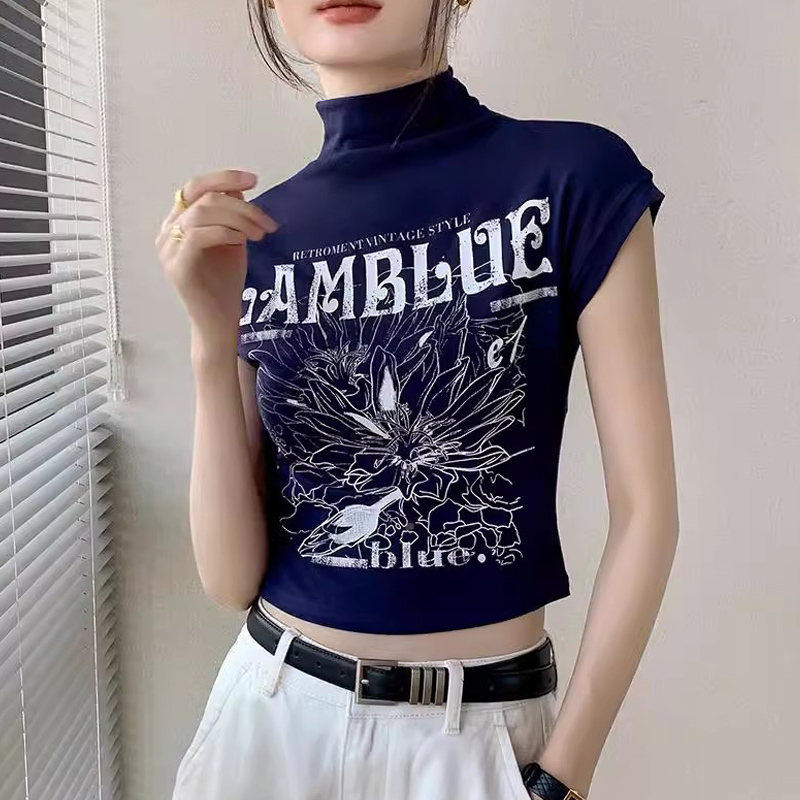 Half-High Collar Sleeveless T-Shirt for Women, New Spring and Autumn European Style, High-End Suit Inner Layer Top, Printed Vest Base Shirt