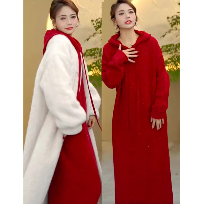 Christmas and New Year Red Hooded Knitted Dress for Women, Spring and Autumn Loose Mid-Length Version, Inner Layer, Thickened Sweater Dress
