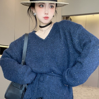 Sweater women's 2025 autumn new european station fashion solid color belted waist sweater v-neck long sleeve top