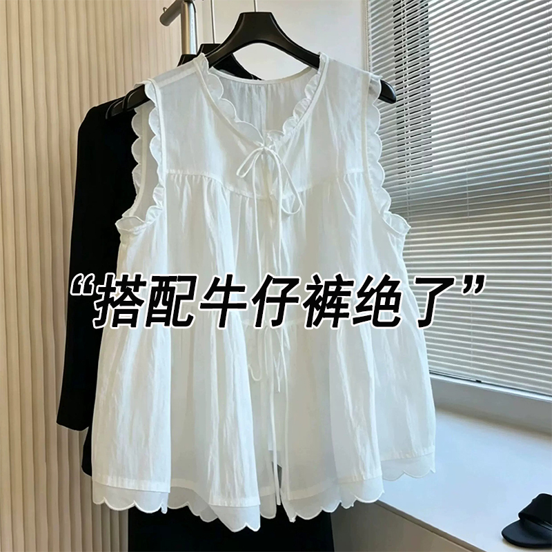 Ruffled Tie V-Neck Blouse for Women, Autumn Casual Loose Fit Layered Top, Elegant Sleeveless Shirt