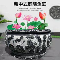 Stone carving fish tank flower pot imitation ancient green stone lotus flower cylinder courtyard fish water cylinder old stone groove round cylinder outdoor flowing water swaying piece