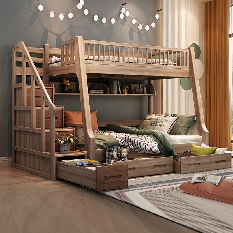 Nordic Red Walnuts Children's Bed Twin Beds Two Floors Up And Down Multifunction High And Low Primary And Secondary Beds Bunk Beds Up And Down