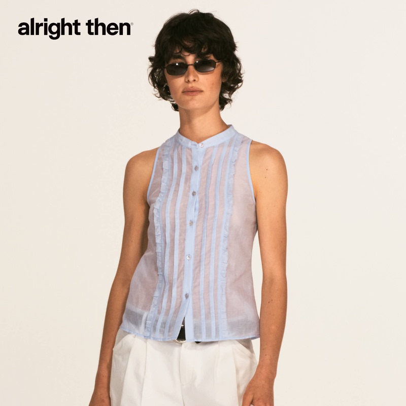 Alright Then Retro Tuck Pleat Design Slightly Loose Round Neck Sleeveless Vest Shirt Alright Then Retro Tuck Pleat Design Slightly Loose Round Neck Sleeveless Vest Shirt