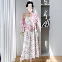 2022 new gentleness style snow spinning long dress pink crushed flower harnesses one-piece dress sweaters and two suit womens summer