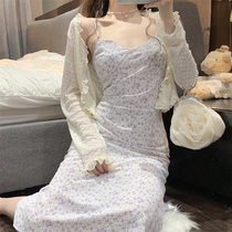 2022 new advanced temperature-temperature soft-style first love long dress snowspun broken flower harnesses one-piece dress Two suits female summer