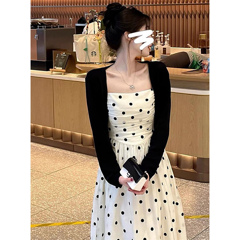 2026年新作 フレンチスタイル シフォン マキシドレス ドット柄スリップドレス ツーピースセット 小柄な女性向け（夏物）