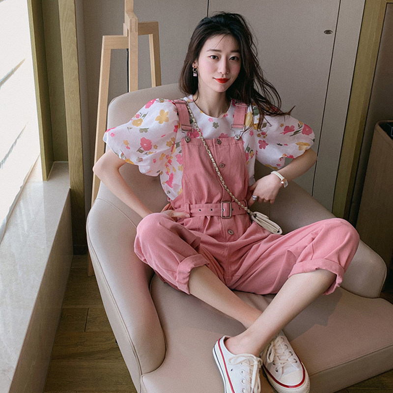 Pink Denim Holding Baby Bag Pants Woman Summer Thin 2022 new small sub 90% Overalls two-piece suit