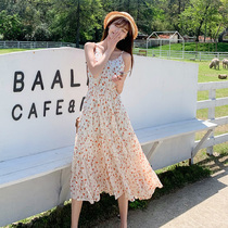 Sweet and gentle wind chiffon floral dress female summer 2021 new super fairy coffee break French first love suspender skirt