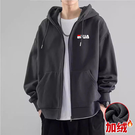 Authentic Hui Feile Hooded Sweatshirt for Men, Spring and Autumn, 100% Pure Cotton, Heavyweight Loose Top, Winter Fleece-Lined Cardigan Jacket