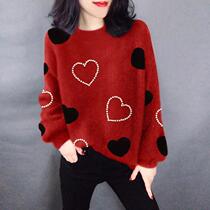 Chinese New Year festive sweater womens love print loose round collar little sub red New Year 2022 womens clothing new Euros