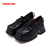 SHUSHU TONG niche design fashionable black cowhide thick-soled loafers square head thick-heeled casual shoes for women