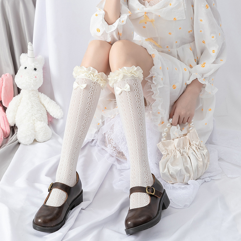 Lolita Stockings Women's Thin Lace Bow White Silk Calf Socks Lolita Cute Girl Mid-Calf Socks Black