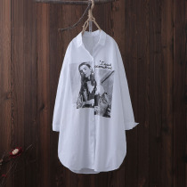  Spring new products Literary printing medium-length long-sleeved white shirt womens loose raglan sleeve shirt bottoming shirt womens top