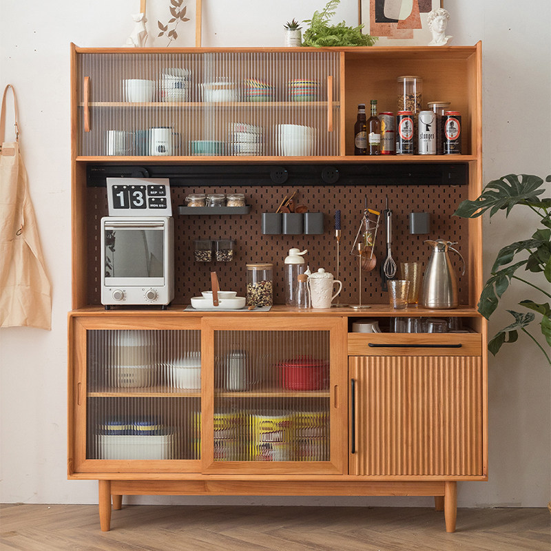 Solid wood sideboard high cabinet integrated against the wall Japanese-style hole board Changhong glass living room floor-to-ceiling thin wine cabinet storage cabinet