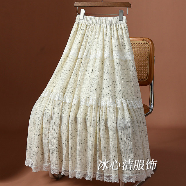 Lace patchwork large swing polka dot skirt