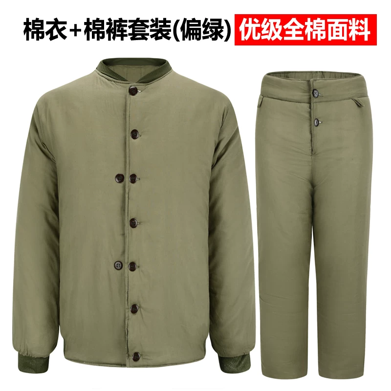 Down jacket, set, old-fashioned cold-proof green trousers, increased thickness