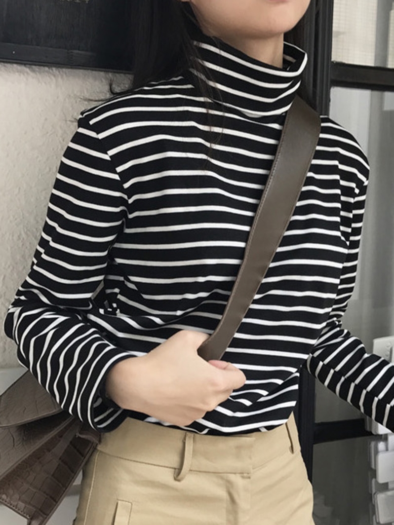 High collar striped T-shirt women's long-sleeved loose autumn and winter Korean version of the top cotton wild plus velvet base shirt women's inner match